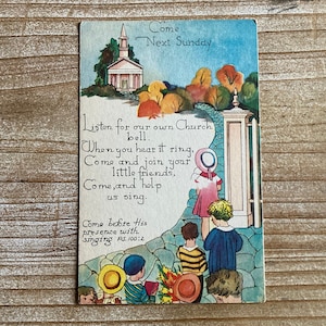 No próximo domingo, lembrete da escola dominical, crianças, igreja, sem uso, cartão postal vintage