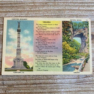 Carte postale vintage Monument de Yorktown, pont naturel, vers le bas en Virginie, linge de maison, Tichnor Bros, inutilisé