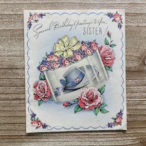 Voeux d'anniversaire spéciaux * soeur * chapeau fantaisie * bouquet de fleurs * carte d'anniversaire vintage