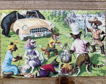Mainzer Cats * Camping Cookout * 4922 * Eugen Hartung * Unused * Vintage Postcard * Deckle Edge