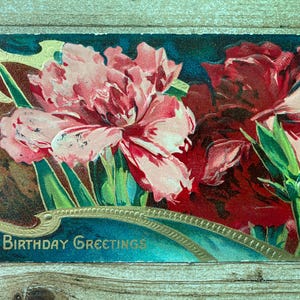 Geburtstagsgrüße, rote Nelken, viktorianisches, 1910, annullierte Briefmarke, antike Geburtstagspostkarte