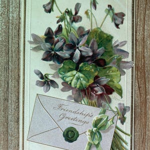 Carte postale vintage, Fleurs violettes, Relief, Victorien, Carte postale ancienne