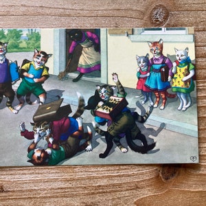 Mainzer Cats * Briga de gatos depois da escola na rua * 4710 * Alfred Mainzer * Eugen Hartung * Turquia * Não utilizado * Cartão postal vintage