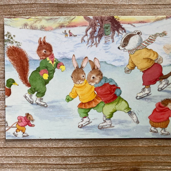 Boxing Day Skating, Jean Gilder, Rabbits, Forest Animals, Medici Society, London, Unused, Vintage Postcard