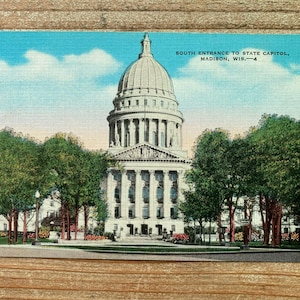 Carte postale ancienne, entrée sud du capitole de l'État de Madison, Wisconsin, inutilisée