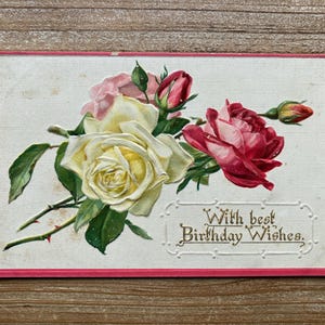 Avec meilleurs voeux d'anniversaire, roses roses et blanches, occasion, ancienne carte postale d'anniversaire