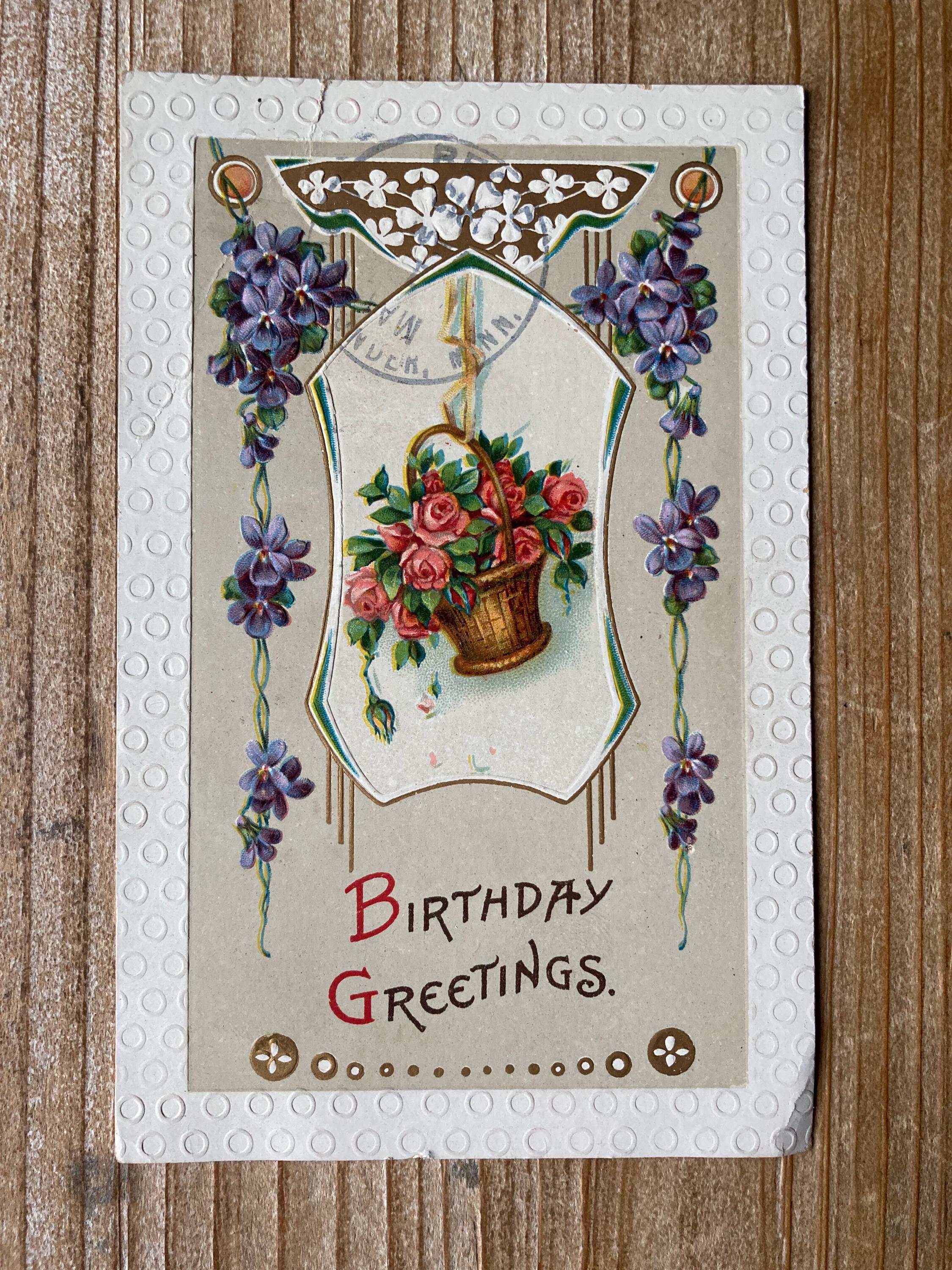 Birthday Greetings, Basket of Roses, Purple Flowers, May 1, 1913, Canceled Stamp, Antique Birthday Postcard