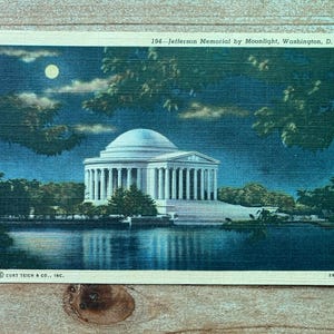 Jefferson Memorial par Moonlight, Washington, DC, Curteich, lin, usagé, carte postale souvenir antique