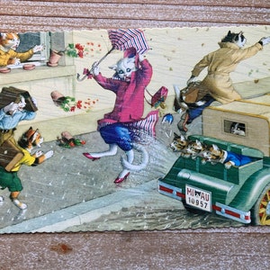 Mainzer Cats * Voiture roulant dans une flaque d'eau * 4706 * Espagne * Carte postale ancienne * Bordure Deckle