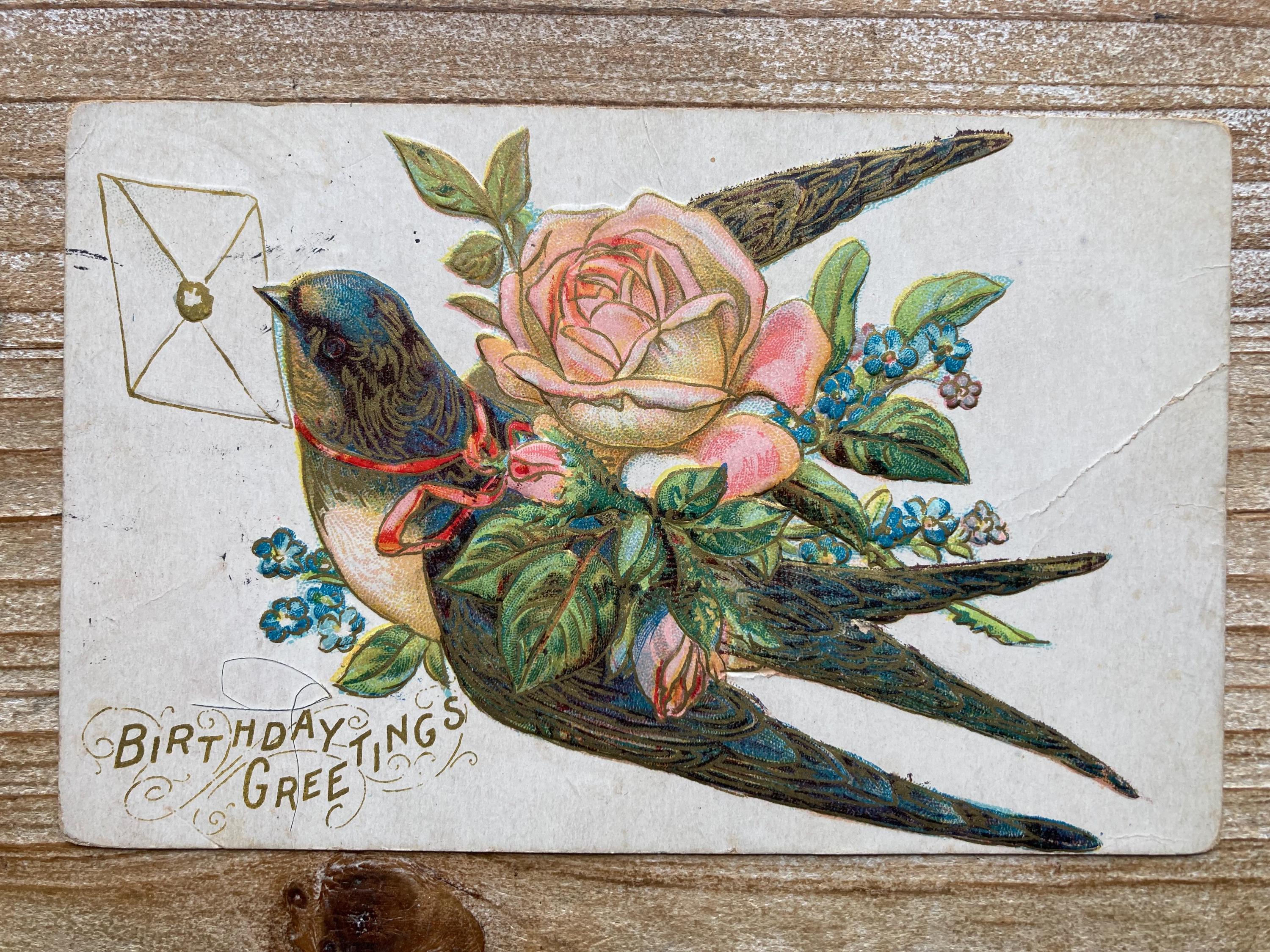 Birthday Greetings, Bird, Pink Roses, Envelope, 1909, Canceled