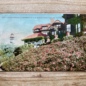 Terrasse fleurie à la résidence de F M Borax Smith, Oakland, Californie, villa Arbor, 1909, timbre oblitéré, carte postale souvenir ancienne
