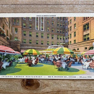 Jacques French Restaurant, Chicago, Illinois, jardin d'été ouvert, estampée, carte postale souvenir vintage