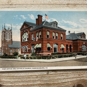 Bureau de poste et église catholique * Harrisonburg * Virginie * linge de maison * carte postale ancienne