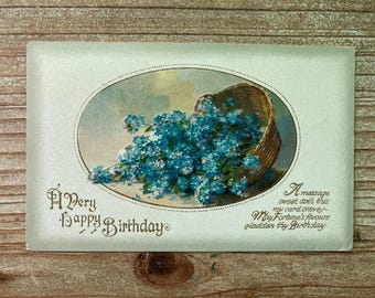 A Very Happy Birthday, Forget-Me-Nots, 1922, Used, Antique Birthday Postcard