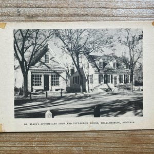 Boutique d'apothicaire Dr Blair's et maison Pitt-Dixon, Williamsburg, Virginie, inutilisée, carte postale souvenir ancienne