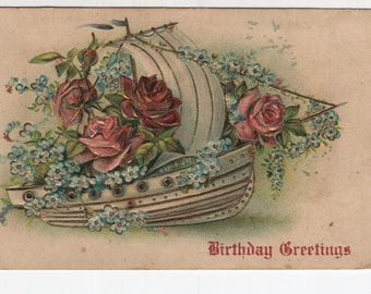 Birthday Greetings * Sail Boat with Roses * Canceled Stamp *  Frederick * Pennsylvania * 1907 * Vintage Postcard