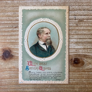 Avec mes meilleurs voeux d'anniversaire, Charles Dickens, citation, timbre oblitéré, carte postale d'anniversaire ancienne
