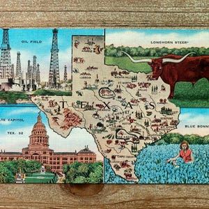 Carte du Texas, gisement de pétrole, boeuf Longhorn, capitole de l'État, bonnets bleus, 1939, timbre oblitéré, carte postale souvenir antique