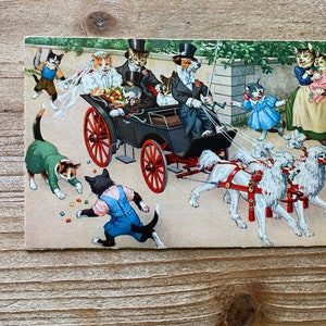 Chats Mainzer, promenade en calèche pour les nouveaux mariés, 4701, Alfred Mainzer, Eugen Hartung, Max Kunzli, Suisse, oblitérée, carte postale vintage, bord Deckle