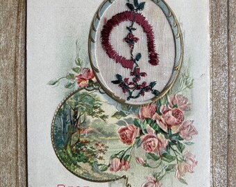 Best Birthday Wishes, Happiness and Joy, Roses, Embroidered Horseshoe, 1920, Canceled Stamp, Antique Postcard