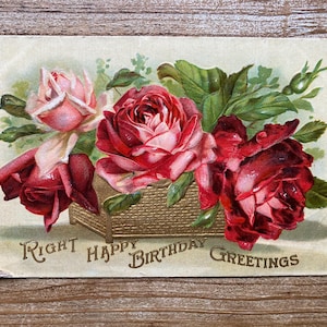 Right Happy Birthday Greetings, Red Roses, Gold Basket, 1908, Used, Antique Birthday Postcard
