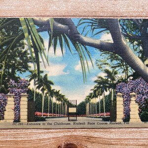 Entrée du clubhouse, hippodrome de Hialeah, Hialeah, Floride, 26 août 1952, timbre oblitéré, carte postale souvenir vintage