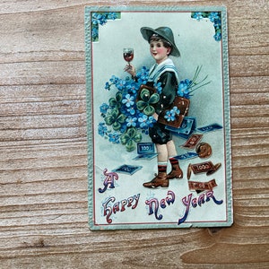 Une bonne année, garçon, verre à vin, myosotis, trèfle, pièces de monnaie et de l'argent liquide, inutilisé, carte postale ancienne