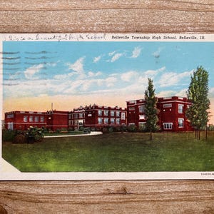 Bellville Township High School, Illinois, Curteich, Linho, 1953, Selo Cancelado, Cartão Postal de Lembrança Vintage