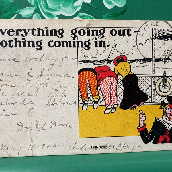 Everything Going Out * Sea Sickness * Humor * 1908 * Canceled Stamp * Used * Antique Postcard