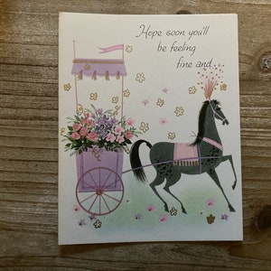Cartão de melhoras * Cavalo com carruagem * Flores rosa e roxas * Fine and Dandy * Pert N Pretty Series * Não utilizado * Vintage