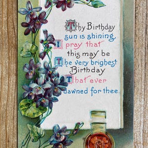 Thy Birthday Sun is Shining, Myosotis, trèfle à quatre feuilles, 1910, timbre oblitéré, carte postale ancienne