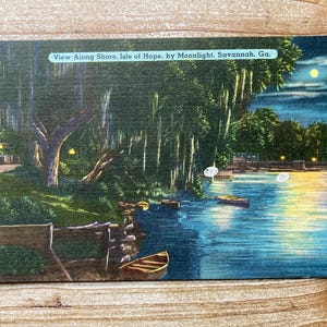 Afficher le long du rivage, île de l'espoir, par Moonlight, Savannah, Géorgie, Tichnor, 1955, timbre oblitéré, carte postale souvenir vintage