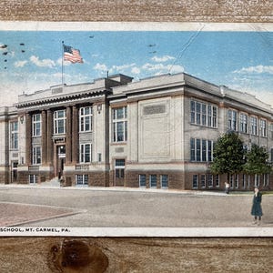 Ensino médio, Mt Carmel, Pensilvânia, C. T. American Art, 1917, selo cancelado, cartão postal antigo