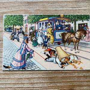Mainzer Cats, Trolley Rush, 4741, Alfred Mainzer, Eugen Hartung, Max Kunzli, Suisse, estampée, carte postale vintage, bord Deckle