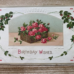 Panier de roses, message caché, occasion, carte postale d'anniversaire ancienne