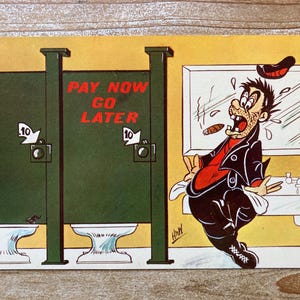 Pague agora, vá depois, HrW, Banheiro, Não utilizado, Cartão postal de humor vintage