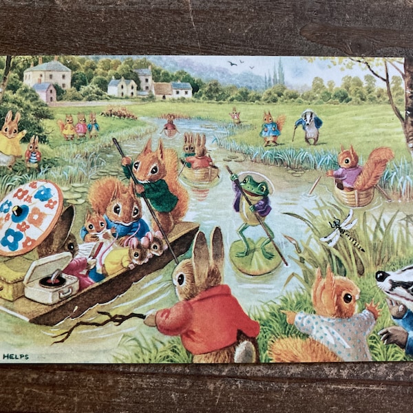 Boating on the River * Squirrels * Rabbits * 365 * Racey Helps * The Medici Society * Great Britain * Vintage Postcard