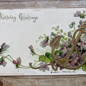 Birthday Greetings, Golden Anchor, Pink Flowers, 1908, Canceled Stamp, Antique Postcard