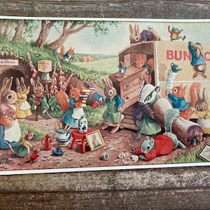Jour du déménagement * Famille des lapins * Camionnette de déménagement * 296 * Racey Helps * The Medici Society * Grande-Bretagne * carte postale ancienne