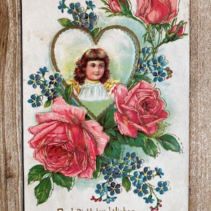 Meilleurs voeux d'anniversaire, cadre coeur doré, fille, roses, myosotis, occasion, carte postale d'anniversaire ancienne