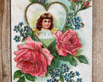 Best Birthday Wishes, Gold Heart Frame, Girl, Roses, Forget Me Nots, Used, Antique Birthday Postcard