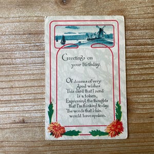 Salutations pour votre anniversaire, moulin à vent, voiliers, poème, timbre oblitéré, carte postale d'anniversaire ancienne