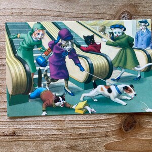 May include: A vintage illustration of cats riding an escalator. One cat is wearing a green dress, another is wearing a purple dress, and a third cat is wearing a blue dress. A dog is walking on a leash and a mouse is running away.
