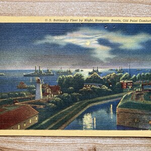 Flotte de cuirassés américains de nuit, Hampton Roads, Old Point Comfort, Virginie, Curteich, lin, 1941, timbre oblitéré, carte postale ancienne