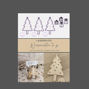 Puede incluir: Imagen que presenta diseños navideños, incluyendo ilustraciones de árboles y cajas de regalo, junto con un árbol de Navidad de madera con recortes de estrellas. También incluye el texto "Weihnachten To go" y "LASERDATEI".