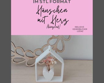 3D print file STL, including commercial license, house with heart, house, cottage, decoration, Scandi