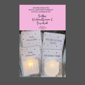 Könnte beinhalten: Eine Sammlung von Weihnachtskartenhaltern mit beleuchteten Designs. Die Halterungen zeigen festliche Formen wie eine Geschenkbox und den Weihnachtsmann, mit Text auf Deutsch. Der obere Teil des Bildes enthält Text auf Deutsch.