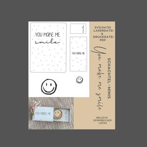 SVG laserbestand en PDF-bestandsdoos - mini's, glimlach, smiley, lachen, goed humeur, souvenir, kleine geschenken, lasergesneden, papieren bestand