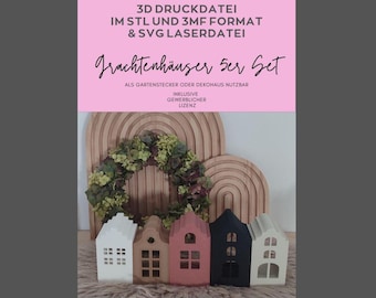 3D Druck Datei 3MF/STL Format,Grachtenhäuser 5er Set, Gartenstecker,Deko,inkl. gewerbl. Lizenz,Bambulab,Mitbringsel