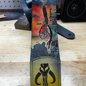 Boba Fett Leather Guitar Strap, Pop Culture, Mandalorian, Bounty Hunter, Hand Crafted in the USA